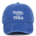 Detailed view of the 1984 Vintage white embroidery on distressed blue cotton baseball cap - Adjustable / Sapphire Blue