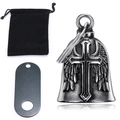 Vintage stainless steel motorcycle guardian bell with cross and feather wings including pouch - Steel Set with Key Ring and Tag