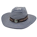 Dettaglio del cappello da cowboy in paglia a righe blu con fascia in pelle e turchese - Taglia unica(56-58cm) / Righe Bianco Blu Navy (Concho Tondo Turchese Blu + Corda Antivento)