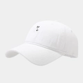 Detail of white cotton baseball cap showing black ghost face embroidery and stitching - Adjustable / White