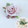 Pink artificial rose wedding boutonniere with gold leaves and pin attachment - Corsage / Light Pink