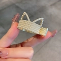 Elegant gold metal hair claw clip featuring a white pearl crown design for women - High Ponytail [Cat Ears] Pearl
