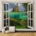 Detail view of 3D window nature tapestry featuring a castle over lake for wall decor - Island Castle (GT805-16) - Brushed Fabric / 73X95CM