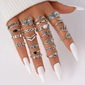Detailed view of silver gothic ring set featuring butterfly, snake, and pearl motifs - Butterfly Artificial Pearl Silver Set (5611801)