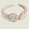 Beige fabric headband with white pearls, crystals, and a gold-beaded bow decoration - Artificial Pearl Crystal Bowknot (Series 8-4)