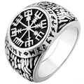 Silver vintage Viking compass ring with Nordic runes and antique finish for men - US 7