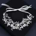Silver bridal hair vine with pearls and crystals featuring white ribbons for adjustable fit - Silver Handmade Artificial Pearl Rhinestone Hair Band (HS-J6329S)