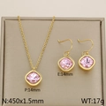 Pink zircon square jewelry set in 18k gold plated titanium necklace and earrings - Pink (KS110348-GC)