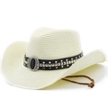Detail of straw cowboy hat with a studded leather band and adjustable chin strap - M(56-58cm) / Creamy White