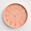 Modern 12-inch coral pink round wall clock with gold 3D numbers for living room decor - Pale Pink