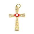 Golden cross pendant with red evil eye center and clear zircon stones on white background - Pendant 9 (Gold Red Evil Eye Cross)