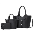 Three-piece black PU leather handbag set including a large tote bag and small clutch bag - Black