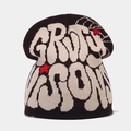 Detail of Grimy Season jacquard knit beanie with red stars and thick texture - One Size / Brown with Khaki Letters