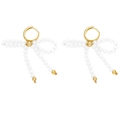 Chic white beaded bow earrings with gold-tone hoops and delicate metal ball drops - Solid White