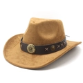 Detail of brown faux suede cowboy hat featuring vintage leather band and bronze buckles - Khaki Suede