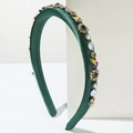 Padded dark green satin headband with rhinestone floral ornaments and pearly accents - Dark Green