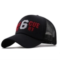 Black mesh trucker hat with 6 CUE NY 3D embroidery and adjustable curved brim - Black