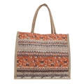 Ethnic bohemian jute tote bag featuring orange geometric patterns and dual handles - Style 7