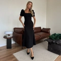 Elegant black midi dress featuring a square neckline and puff sleeves with a slim fit - S / Black