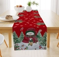Detail of Christmas table runner with red snowman and snowflake patterns on wooden table - Red Background/Snowman with Scarf/Christmas Tree/Red Bird / 33*183cm