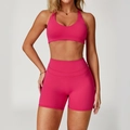 Set yoga da donna rosso rosa con reggiseno sportivo e pantaloncini a vita alta elasticizzati - Taglia S / Top E Pantaloni / Reggiseno + Pantaloncini / Rosso Lampone