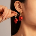 Elegant acrylic flower drop earrings with red petals and rhinestones for women - Rhinestone Red Petal Dangle Earrings (925 Sterling Silver Earring Post)