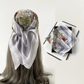 Floral print satin headscarf with gray striped border shown on model and in box - L7348-Grey