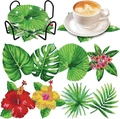 DIY tropical diamond painting coaster set with 8 floral patterns and black metal holder - XIN005 Tropical Leaves / No Stand/OPP Bag