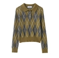 Modieus gebreid poloshirt met lange mouwen en argyle-patroon in mosgroen en grijs met boord - S / Zoals getoond