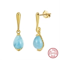S925 sterling silver hoop earrings with teardrop light blue turquoise stone tassels - Light Blue Teardrop Stud - Gold