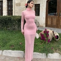 Abito lungo due pezzi sexy in rete rosa trasparente a maniche lunghe con stile attillato - S / Rosa