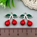 DIY cherry pendants in red and green enamel with metal base for keychain making - 1Pc 3D Red Cherry