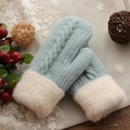Cozy light blue cable knit winter mittens for women with soft faux fur cuff trim - One Size / Blue
