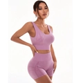 Purple two-piece seamless yoga set with ribbed sports bra and high-waisted gym shorts - S / Lotus root pink