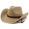 Classic western straw sun hat with embossed leather band and adjustable chin strap - M (56-58cm) / Khaki