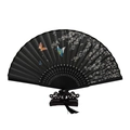 Japanese style black silk folding fan with white cherry blossoms, butterfly and tassel - Black Ribs Style 82