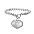 Nahaufnahme einer silbernen Perlenkette mit T-Verschluss und großem Herzanhänger - Silbernes Herz Armband