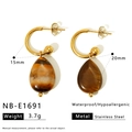 Golden stainless steel hoop earrings with amber textured stone teardrop pendants - Vintage Teardrop Pendant Style (NB-E1691)