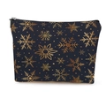 Borsa cosmetica con fiocchi di neve dorati su tessuto nero e chiusura a cerniera - Canapa fine / Stile Fiocco di Neve Blu Scuro Oro (Stile 1) / 17*25cm