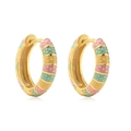 Macro detail of gold hoop earrings with pink and turquoise striped enamel inlay - Colorful Style F