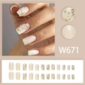 Detail view of 24pcs W671 reusable floral press-on nails with gold foil and leaf patterns - W671 Style (With Glue)