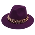 Detail of dark purple fedora hat with a chunky rose gold metal chain decoration - M (56-58cm) / Purple