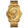 Golden SKMEI business watch with dragon relief dial and stainless steel strap for men - Gold Case Gold Dial
