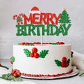 Sparkly red and green Merry Birthday cake topper with Christmas hat and tree elements - Merry Birthday Style / Red/Green