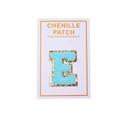 Macro detail of blue chenille letter E patch with gold sequins and peel-off adhesive - Light Blue Letter E