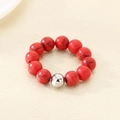 Handmade red stone beaded elastic ring featuring a single polished silver accent bead - Beaded Ring (KR112966-Z) / Adjustable Elastic Cord / Red with Silver