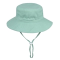 Detail of mint green children's sun hat featuring adjustable windproof cord and stitching - XS(44-46) / Green