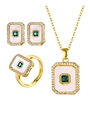 18K gold plated jewelry set featuring green square gemstone and white mother of pearl - Square Green Zirconia 3-Piece Set
