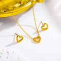 Golden hollow heart necklace and earring set with vintage textured finish in stainless steel - Gold Heart Set
