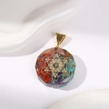 Polygonal resin pendant with colorful natural stone chips and golden Metatron Cube - Hexagram Shape Without Chain